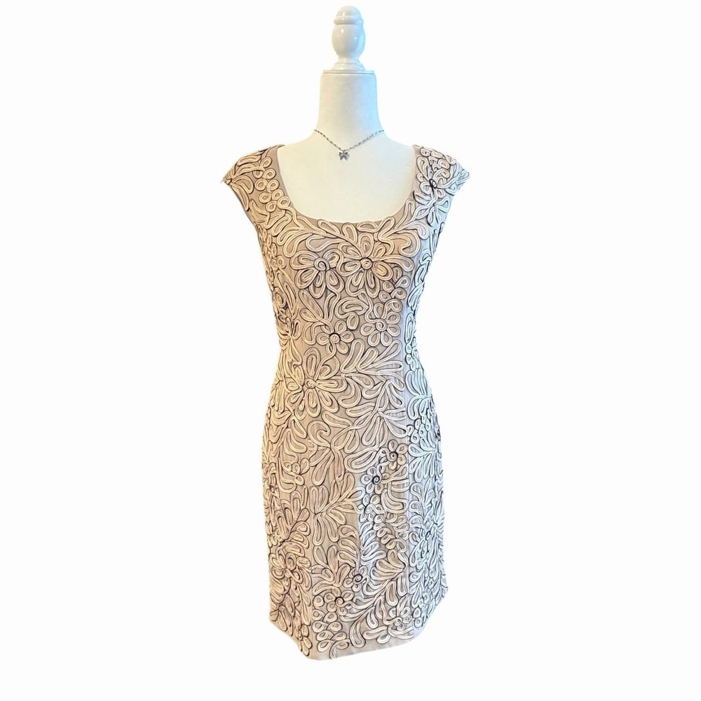 Sue Wong Embroidered Cocktail‎ Dress Size 8 Gold Floral Lace Sheath Elegant - Picture 2 of 7